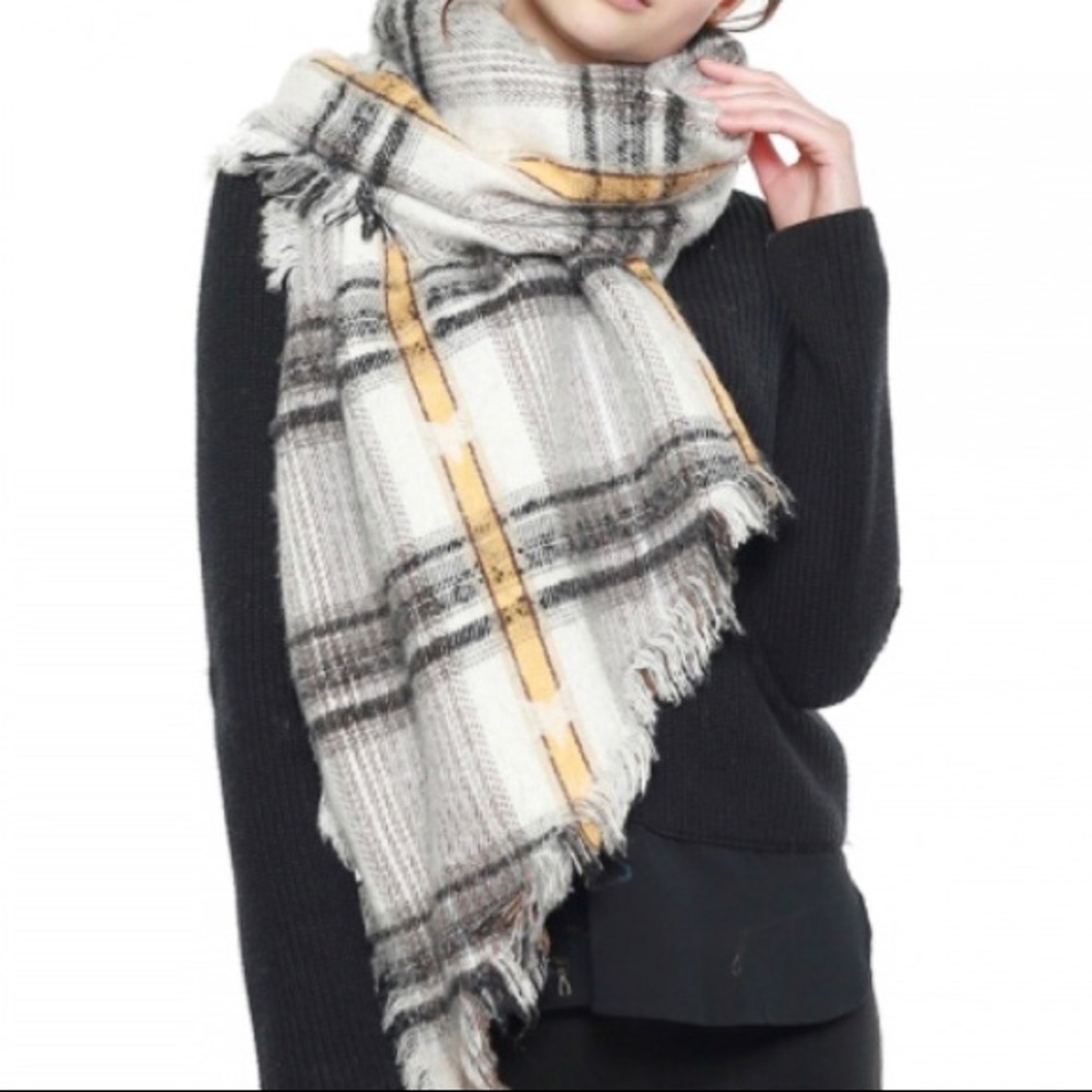 Yellow Black White Plaid Blanket X Large Scarf NWT